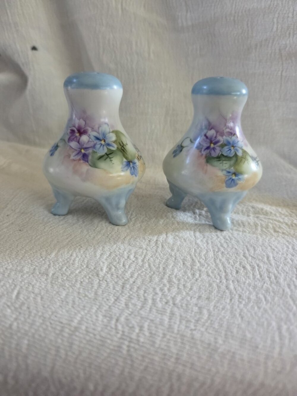 Vintage Hand-Painted Porcelain Salt & Pepper Shakers Purple Violets Footed